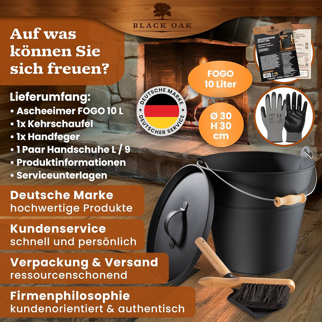BLACK OAK Ascheeimer FOGO 10L - schwarz mit Deckel mit Metallgriff + Feger + Schaufel & Handschuhen