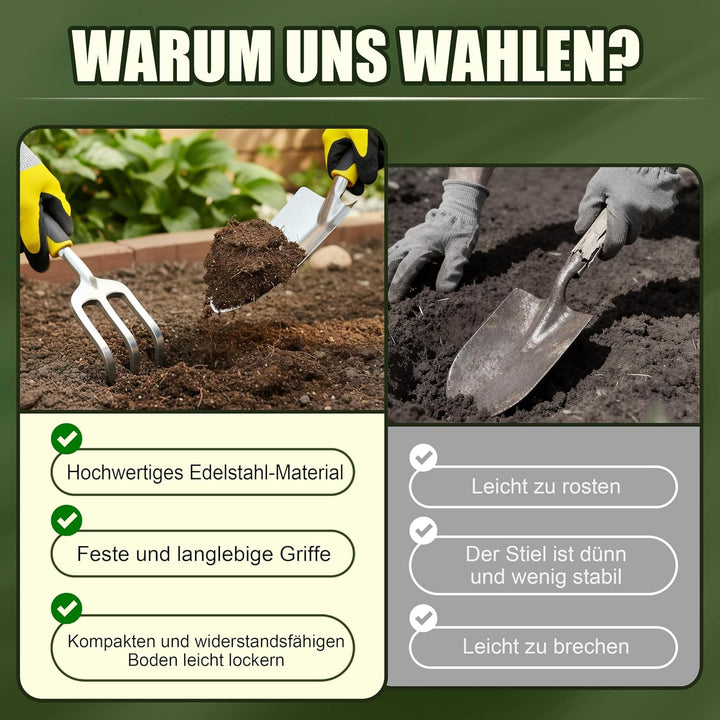 QRD Gartengeräte Set 8 in 1 Gartenwerkzeug mit Aufbewahrungstasche Gartenschaufel mit Gummigriff Gar