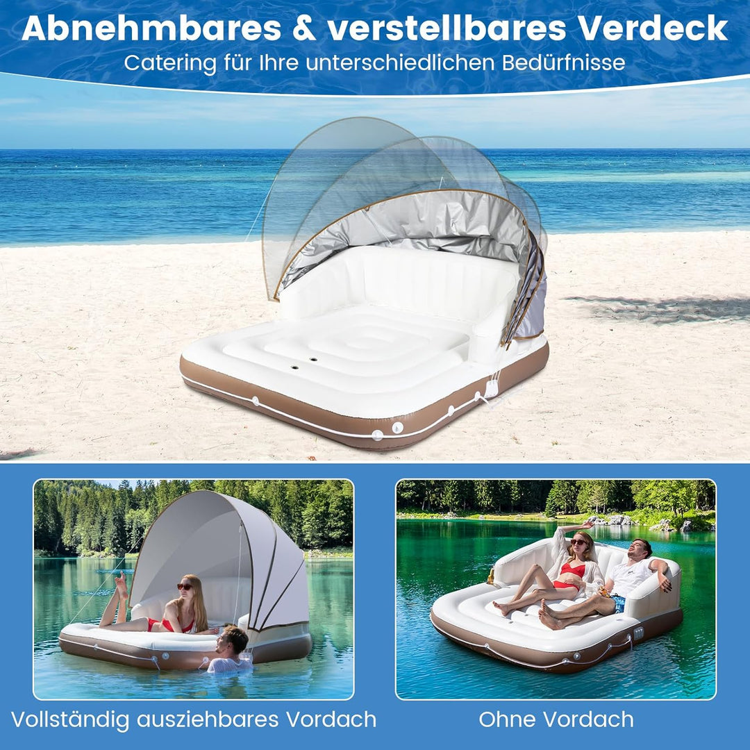 GYMAX Badeinsel Aufblasbar Schwimminsel mit Einziehbarem & Abnehmbarem Vordach Liegeinsel Canopy Isl