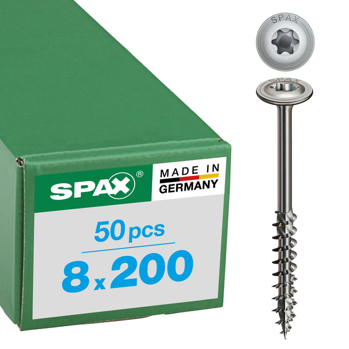 SPAX Holzbauschraube aus Edelstahl rostfrei A2, 8,0 x 200 mm, 50 Stück, T-STAR plus, Tellerkopf, Tei