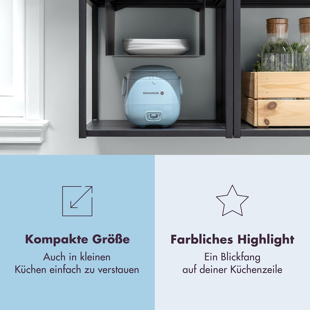 REISHUNGER Mini Reiskocher, hellblau | 0,3 L - 1-2 Portionen | hochwertige Keramikbeschichtung - Pre