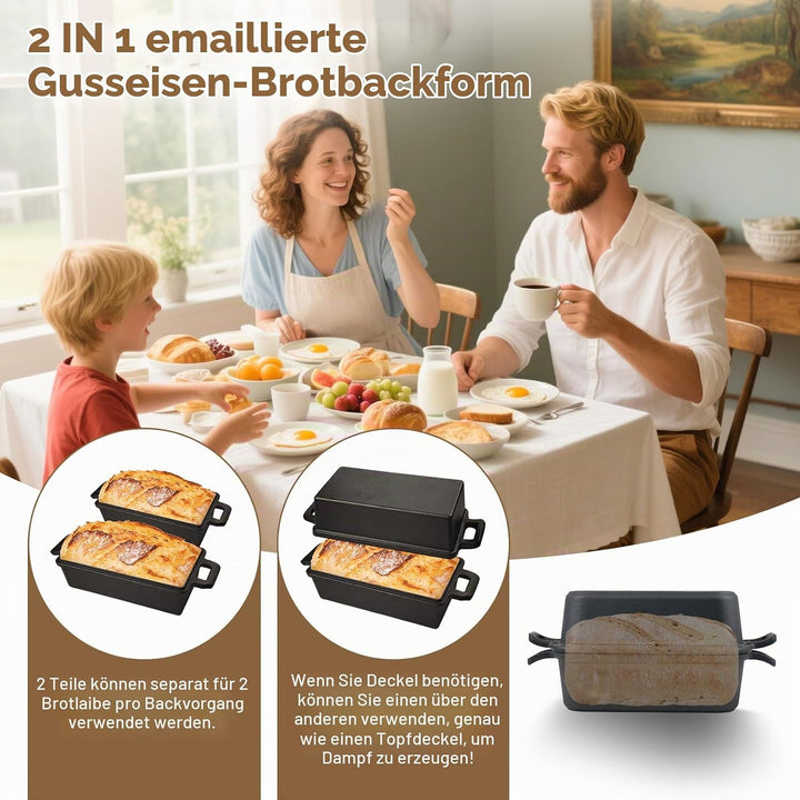2-in-1Gusseisen Bräter mit Deckel, 23 × 13 cmBrotbackform mit Doppelgriffen und Deckelgriff rectangu