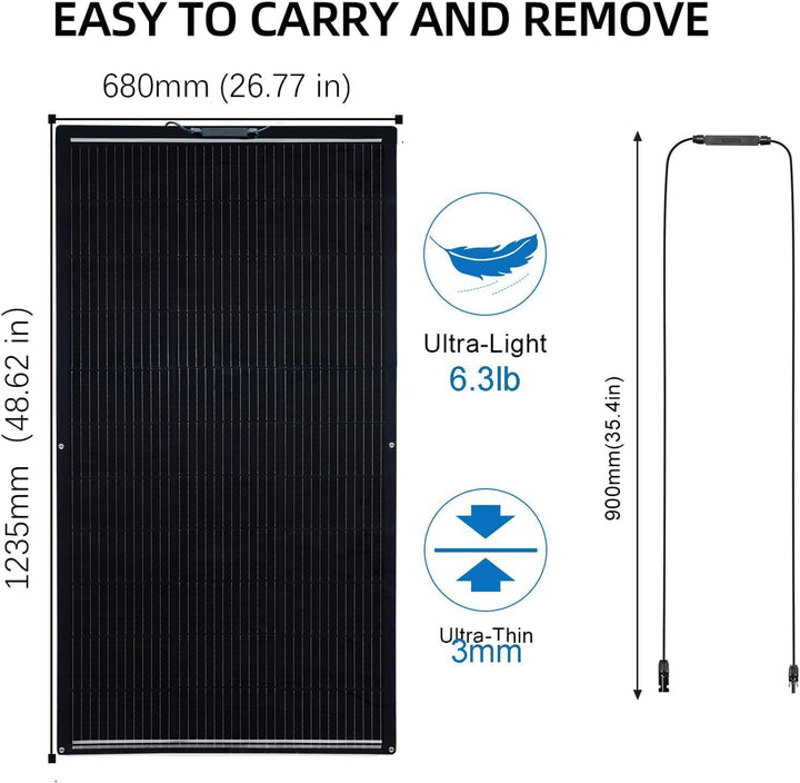 300W Flexibles Solarpanel Schwarz, 18V Monokristallines Solarmodul Flexibel Wohnmobil für 12V Batter