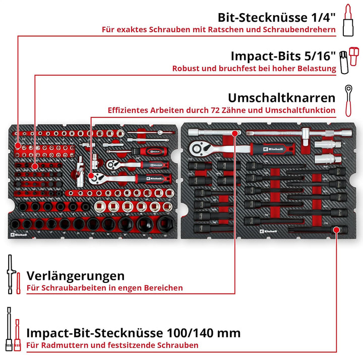 Original Einhell Werkzeugkoffer KFZ E-Case 121-tlg. (KFZ-Profi, Impact-Stecknüsse, Spezialbits, Zünd