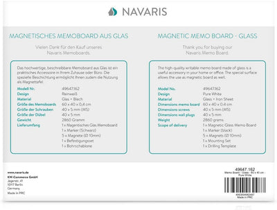 Navaris Magnettafel Magnetboard aus Glas - 60x40 cm Tafel magnetisch zum Beschriften - Magnetwand in