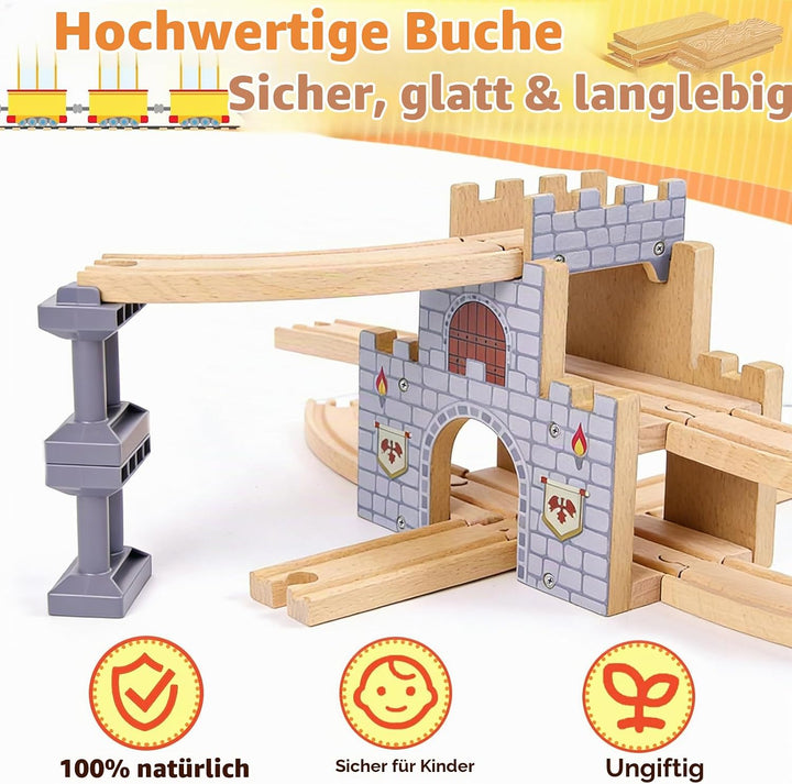 3-stöckiger Burgtunnel für Holzeisenbahn, Holzeisenbahn Zubehör mit 10 Brückenpfeilern, kompatibel m