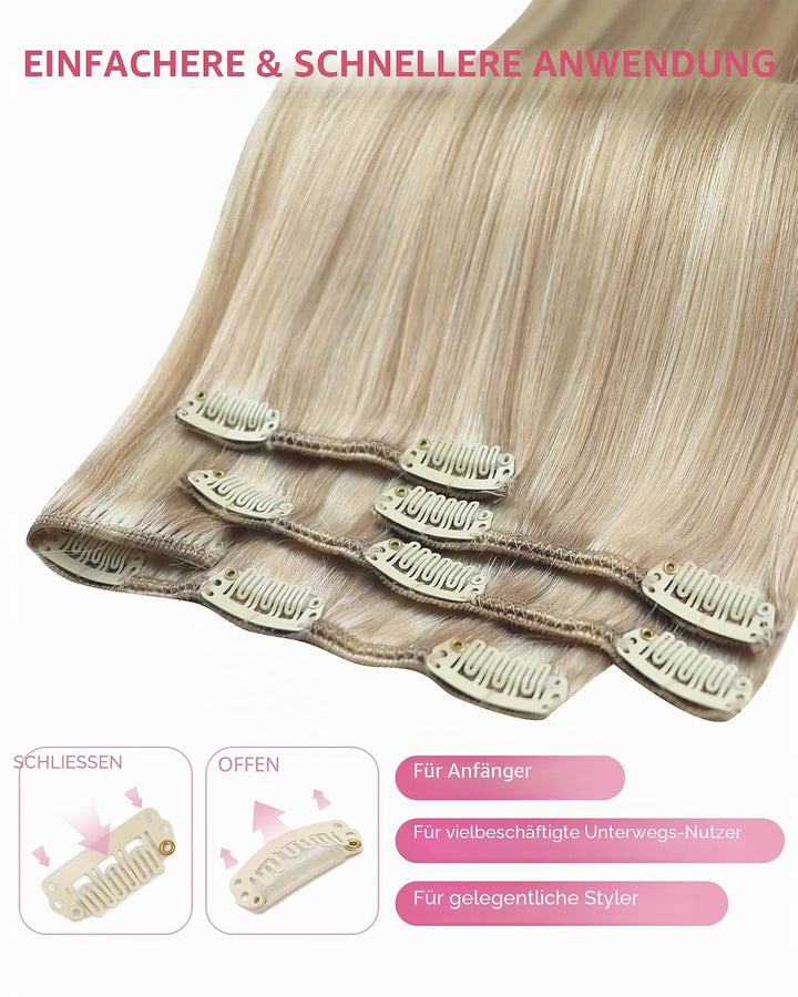 YoungSee Echthaar Extensions Clip Blond Doppelt Tressen Clip in Extensions Echthaar Aschblond mit Pl