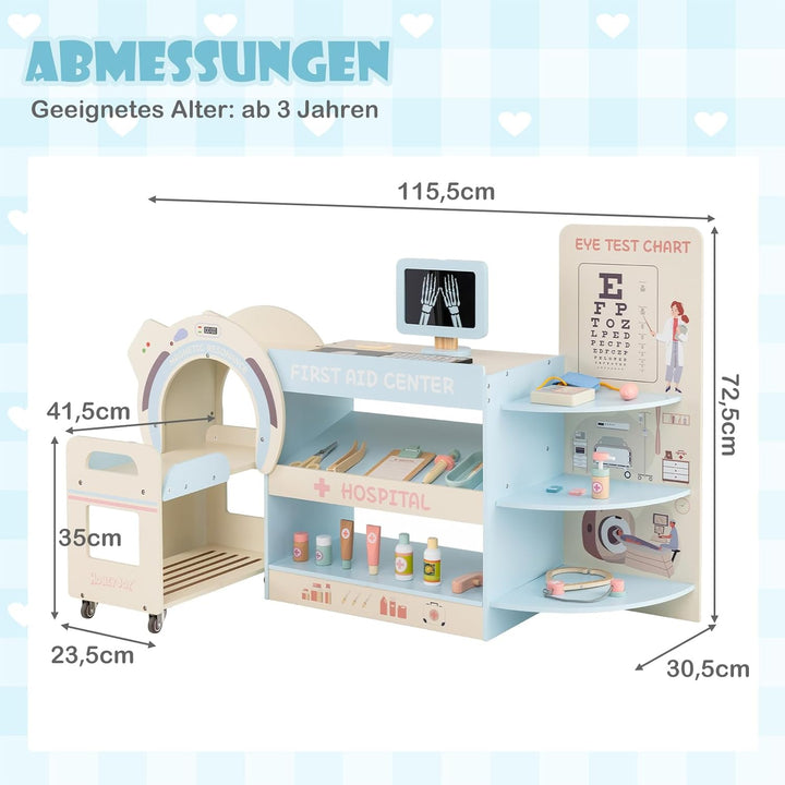 DREAMADE Arztspielset für Kinder, Krankenhaus aus Holz mit Sehtest, CT-Spielgerät & Röntgenapparat,