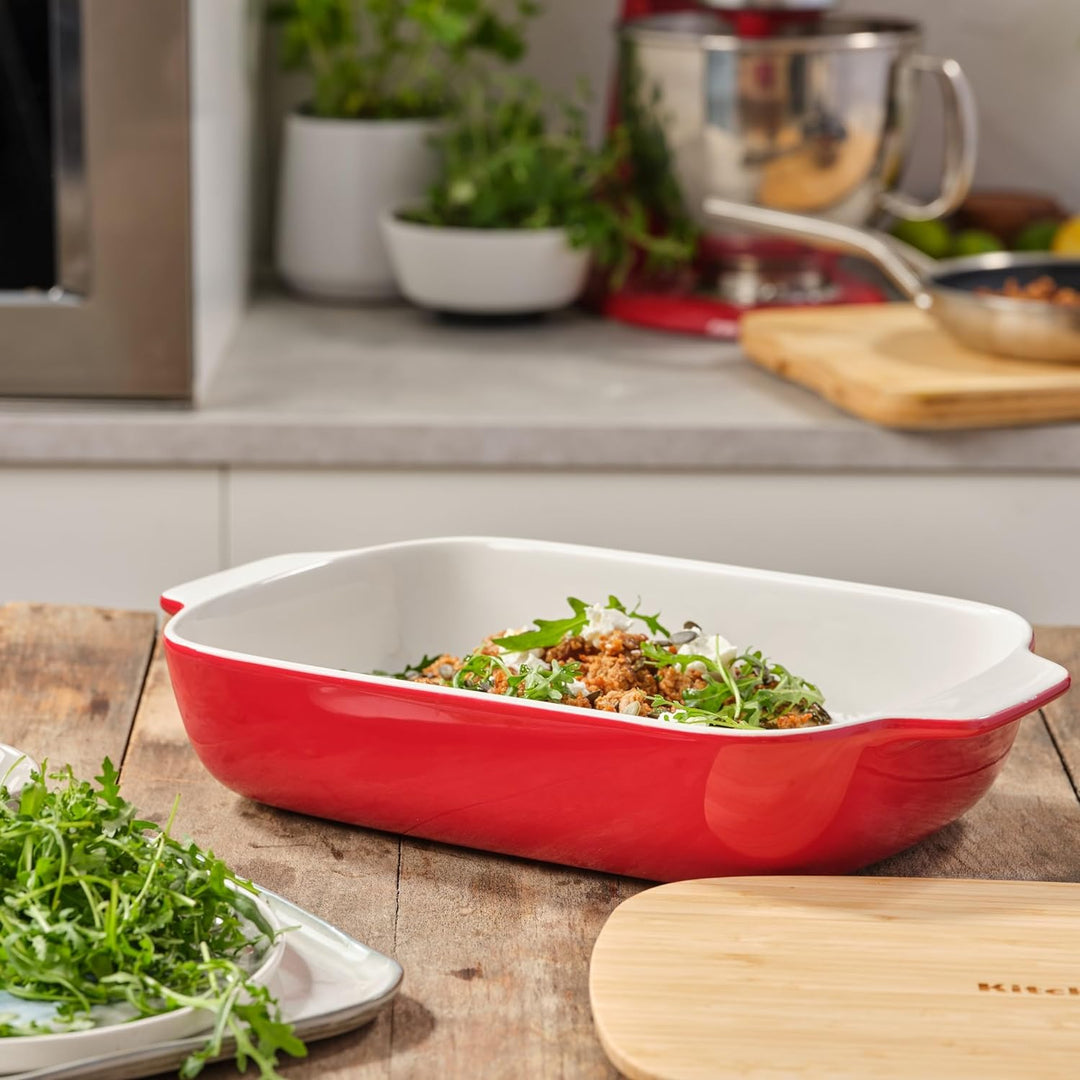 KitchenAid Stoneware Backform Rechteckig Keramik Antihaftbeschichtung mit Bambusdeckel, 32 cm/3,8L,