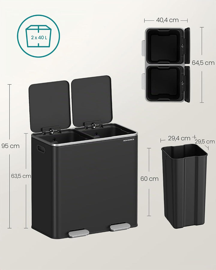 SONGMICS Mülleimer, 2 x 40 Liter, 2 Fächer, Mülltrennsystem, Treteimer, Abfalleimer Küche, 15 Müllsä