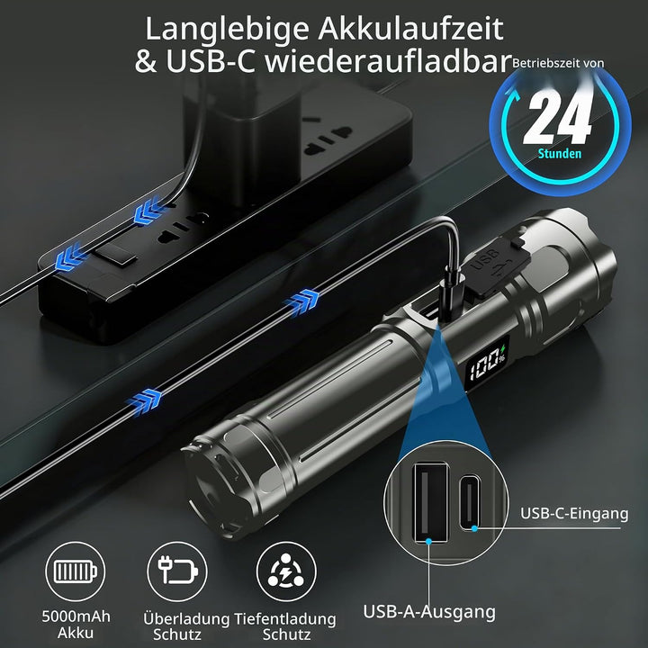 Blukar Taschenlampe LED 2 Farbtemperatur mit Hauptlicht &amp; Seitlich COB-Licht, Aufladbar Extrem Hell