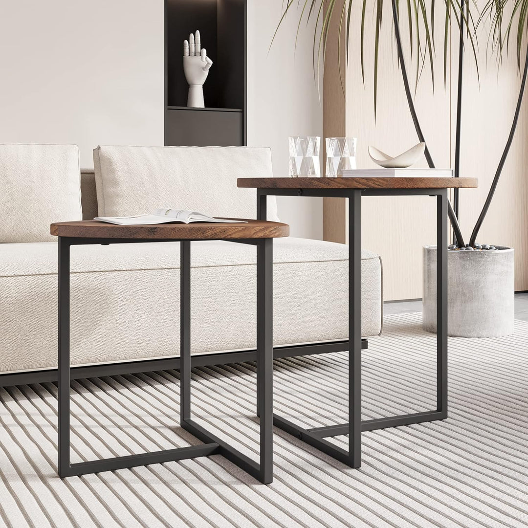 HOJINLINERO Couchtisch Rund 2 er Set,Beistelltisch Set,Sofatisch,Kaffeetisch,Metall Untergestell und