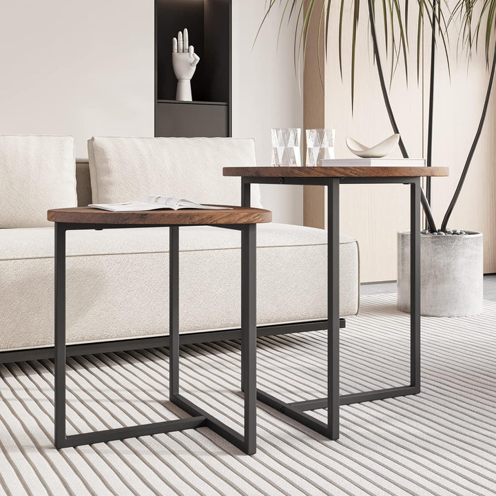 HOJINLINERO Couchtisch Rund 2 er Set,Beistelltisch Set,Sofatisch,Kaffeetisch,Metall Untergestell und
