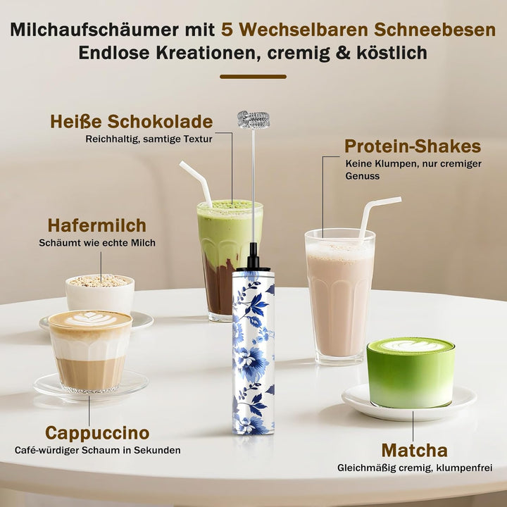 Milchschäumer Elektrisch USB-C mit 5 Wechselbaren Edelstahl-Schneebesen–2 Einstellbare Geschwindigke