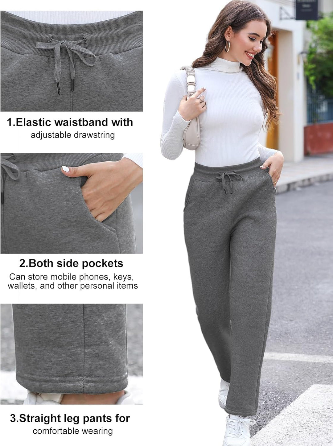 Damen Warme Jogginghose Thermo Fleece Gefütterte Winter Hosen Lamm Plüsch Kordelzug Sweathose mit Ta
