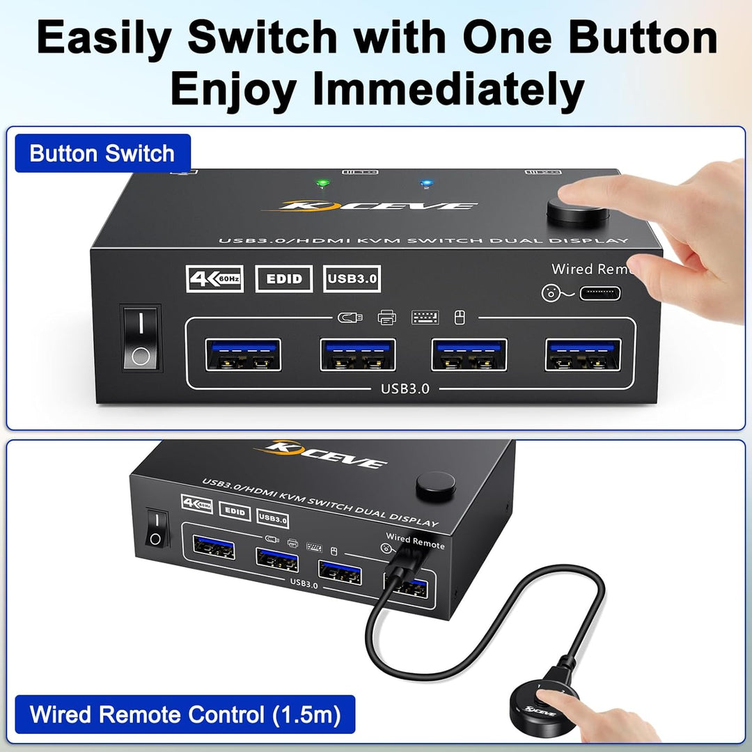 USB 3.0 HDMI KVM Switch 2 PC 2 Monitore 4K@60Hz 2K@144Hz, Simulation EDID, MLEEDA 2 PC 2 Monitor Swi