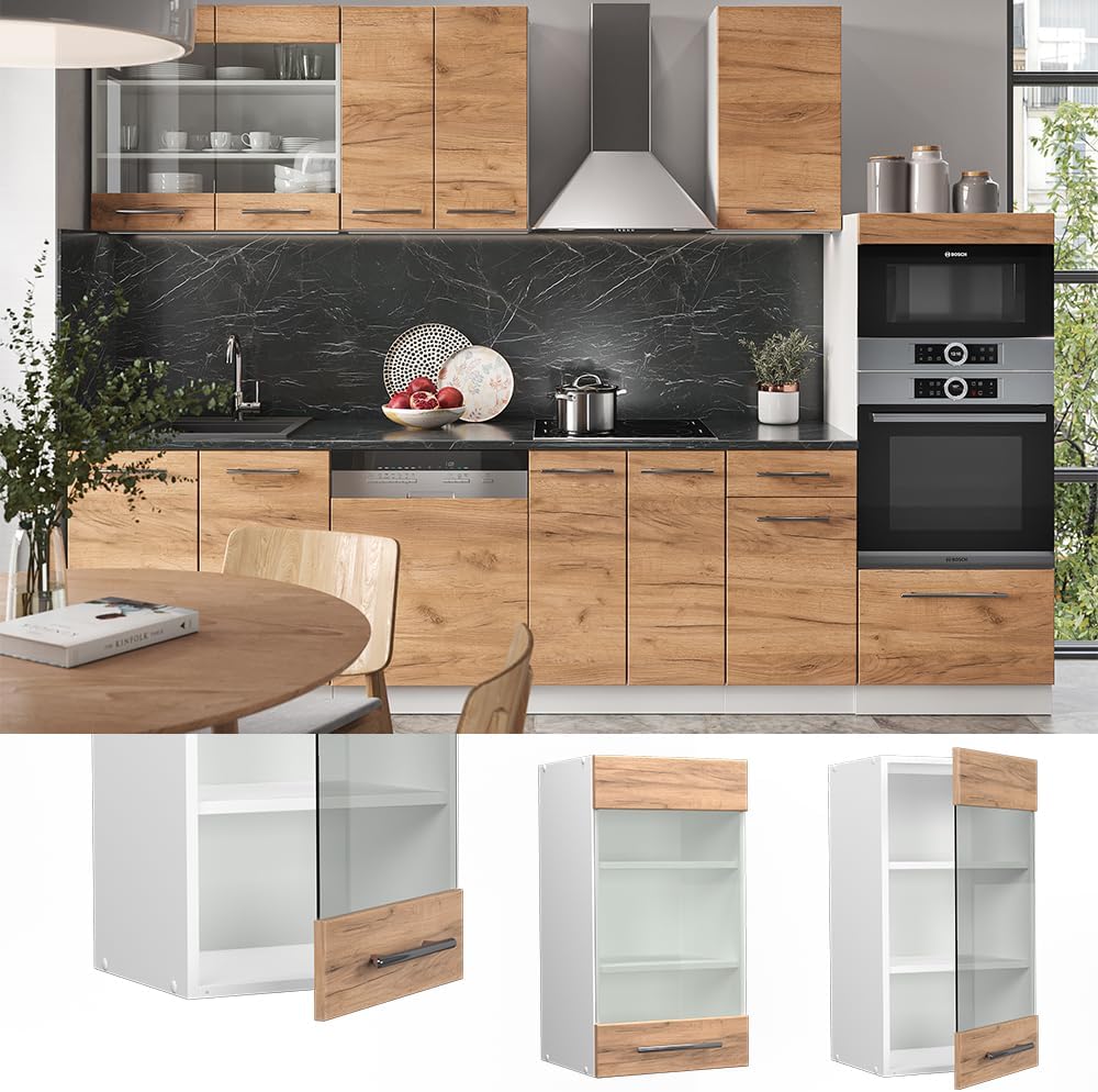 Vicco Küchenschrank Glas Fame-Line, Goldkraft Eiche/Weiss, 40 cm Goldkraft Eiche Hängeglasschrank 40