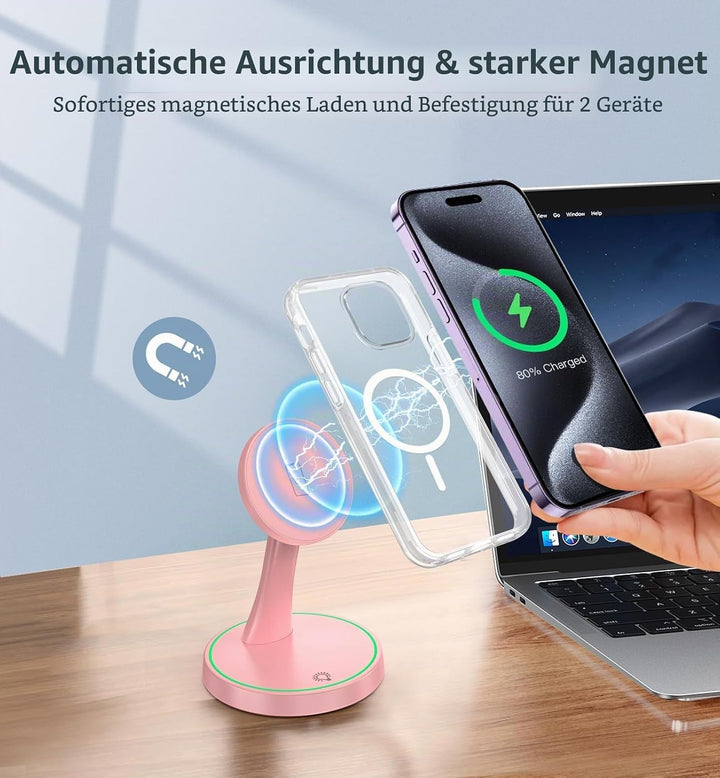 Induktive Ladestation Kompatibel mit MagSafe Ladegerät,OANDYS 2 in 1 15W Schnelles iPhone Ladestatio
