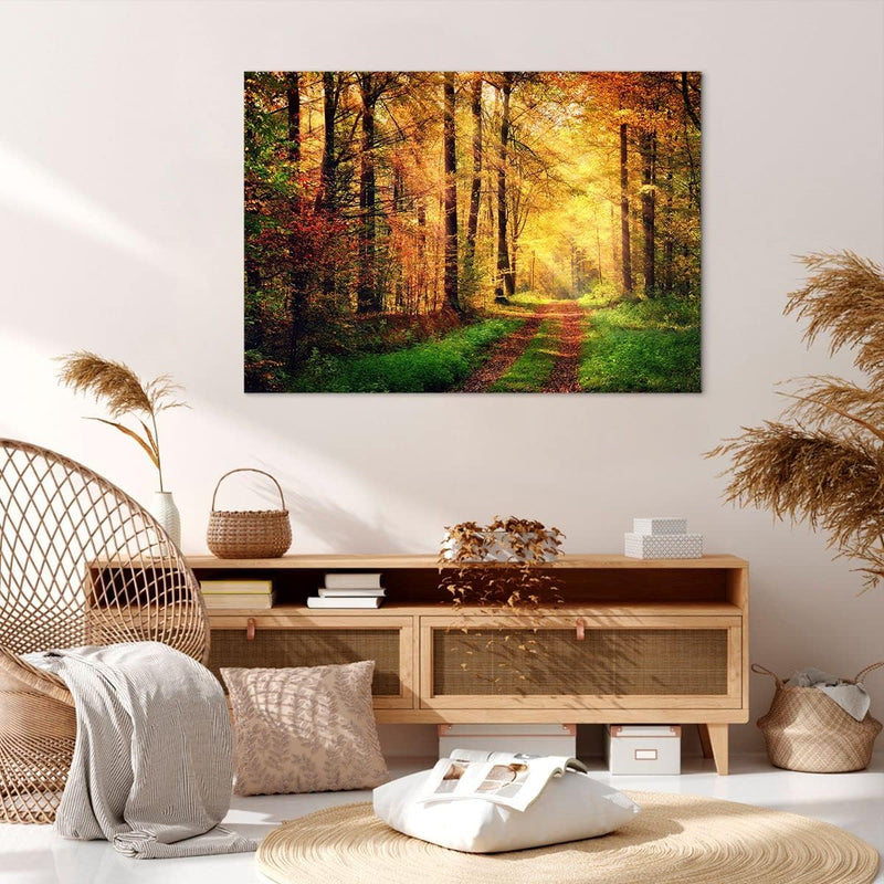 Bilder auf Leinwand 100x70cm Leinwandbild mit Rahmen Wald Baum Natur Gross Wanddeko Bild Schlafzimme