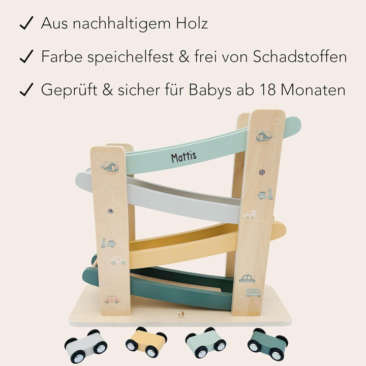 Kugelbahn Holz mit Autos personalisiert Holzspielzeug Baby Geschenk Babygeschenk Taufgeschenk für Mä