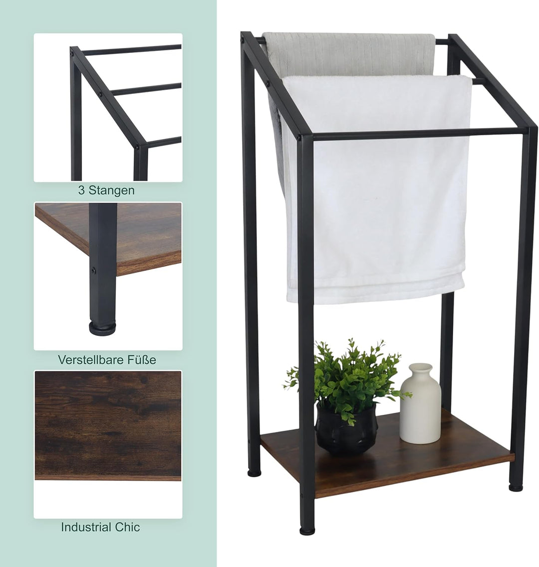 Relaxdays Handtuchständer mit Ablage, HxBxT: 80x43x28 cm, Industrial, 3 Stangen, stehender Handtuchh