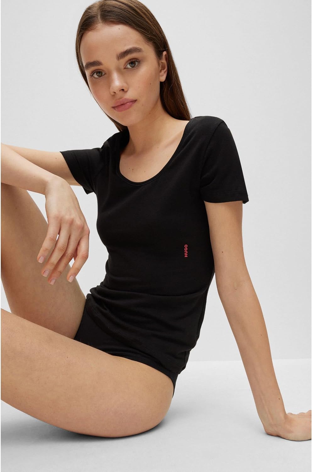 HUGO Damen Twin T-Shirt RN Zweier-Pack T-Shirts aus Stretch-Baumwolle mit Logos, Black1
