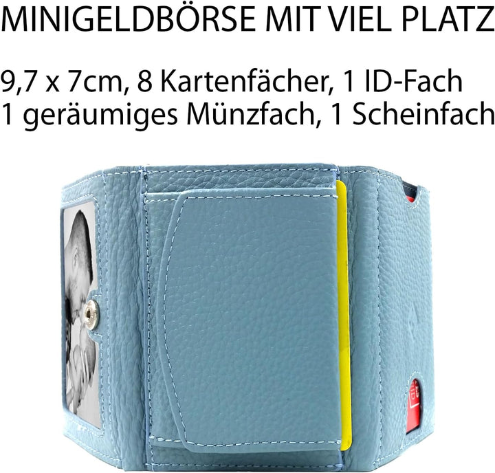 Geldbörse Damen klein mini, Reise Geldbeutel, viele Fächer, Leder blau, RFID Blocker, Münzfach gross