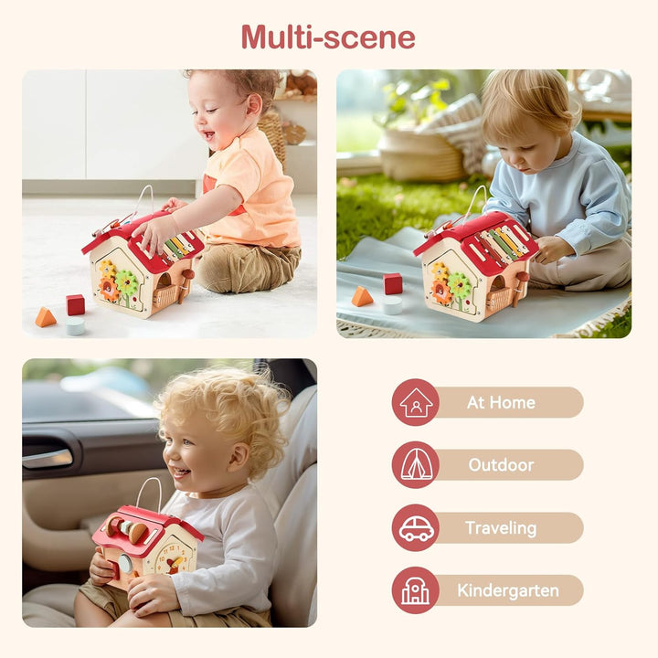 Youuys Montessori Motorikwürfel Holzspielzeug Montessori Spielzeug ab 1 Jahr 10 in 1（Rot） Holzhaus R