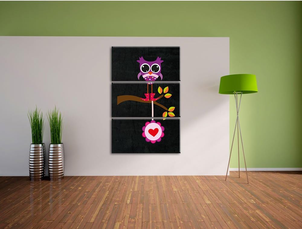 Pixxprint Süsse Eule auf AST mit Anhänger als Leinwandbild/Grösse: 3 Teilig (120x80) cm/Wandbild/Kun