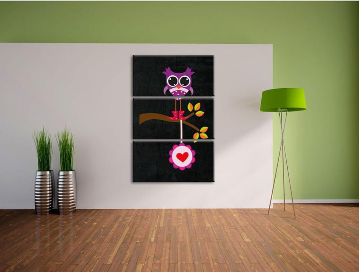 Pixxprint Süsse Eule auf AST mit Anhänger als Leinwandbild/Grösse: 3 Teilig (120x80) cm/Wandbild/Kun