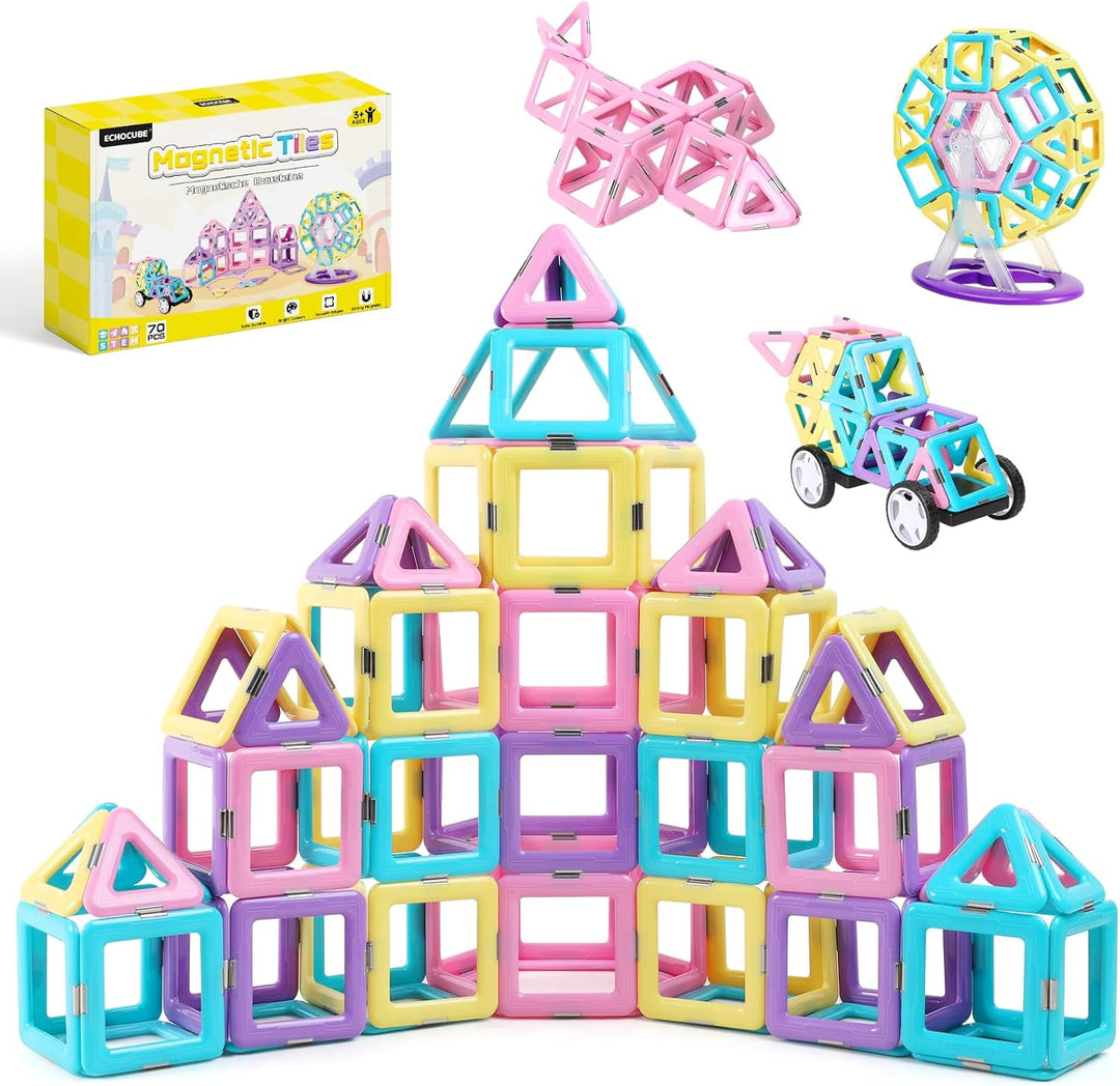ECHOCUBE Magnetische Bausteine, 70 Teile Magnetische Kacheln mit Magnet Räde Set für Kinder ab 3 Jah