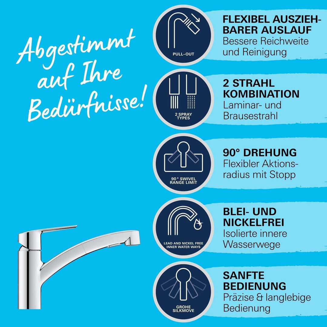 GROHE Start, Küchenarmatur 2 Strahlarten (Wasserhahn Küche mit ausziehbarer Brause, 90° schwenkbar,