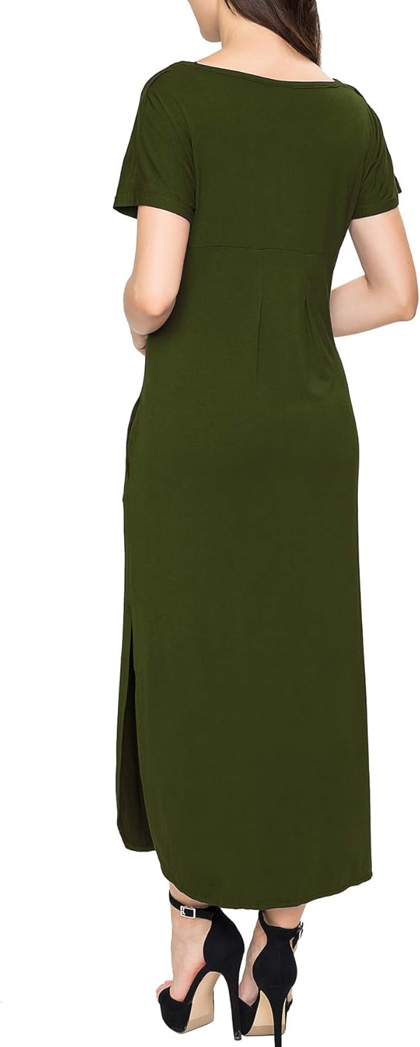 Smallshow Damen Lang Split Stillkleid Kurzarm Umstandskleid Sommer XL Armeegrün, XL Armeegrün