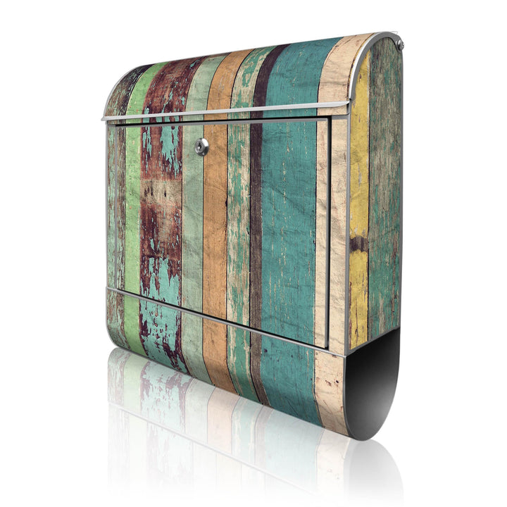 banjado® Design Briefkasten mit Motiv Bunte Bretterwand 39x47x14cm &amp; 2 Schlüssel - Briefkasten Stahl