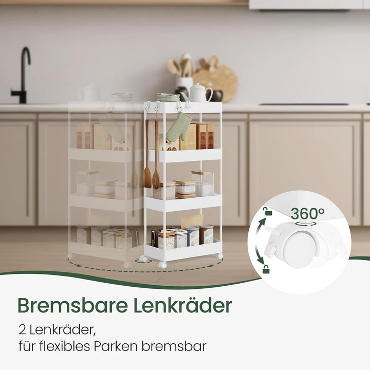 Servierwagen mit 4 Ebenen, Küchenwagen Nischenwagen Nischenregal mit Rollen, durchbrochendem Design,