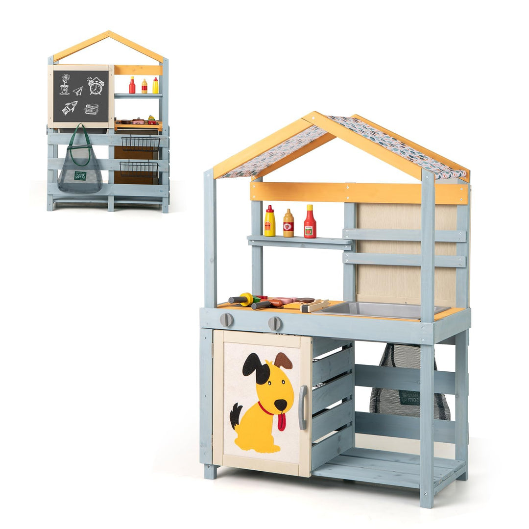 COSTWAY 2-IN-1 Matschküche Kinder Outdoor, Kinderküche Holz mit Tasche & Körben, Tafel & Zubehör, Sp
