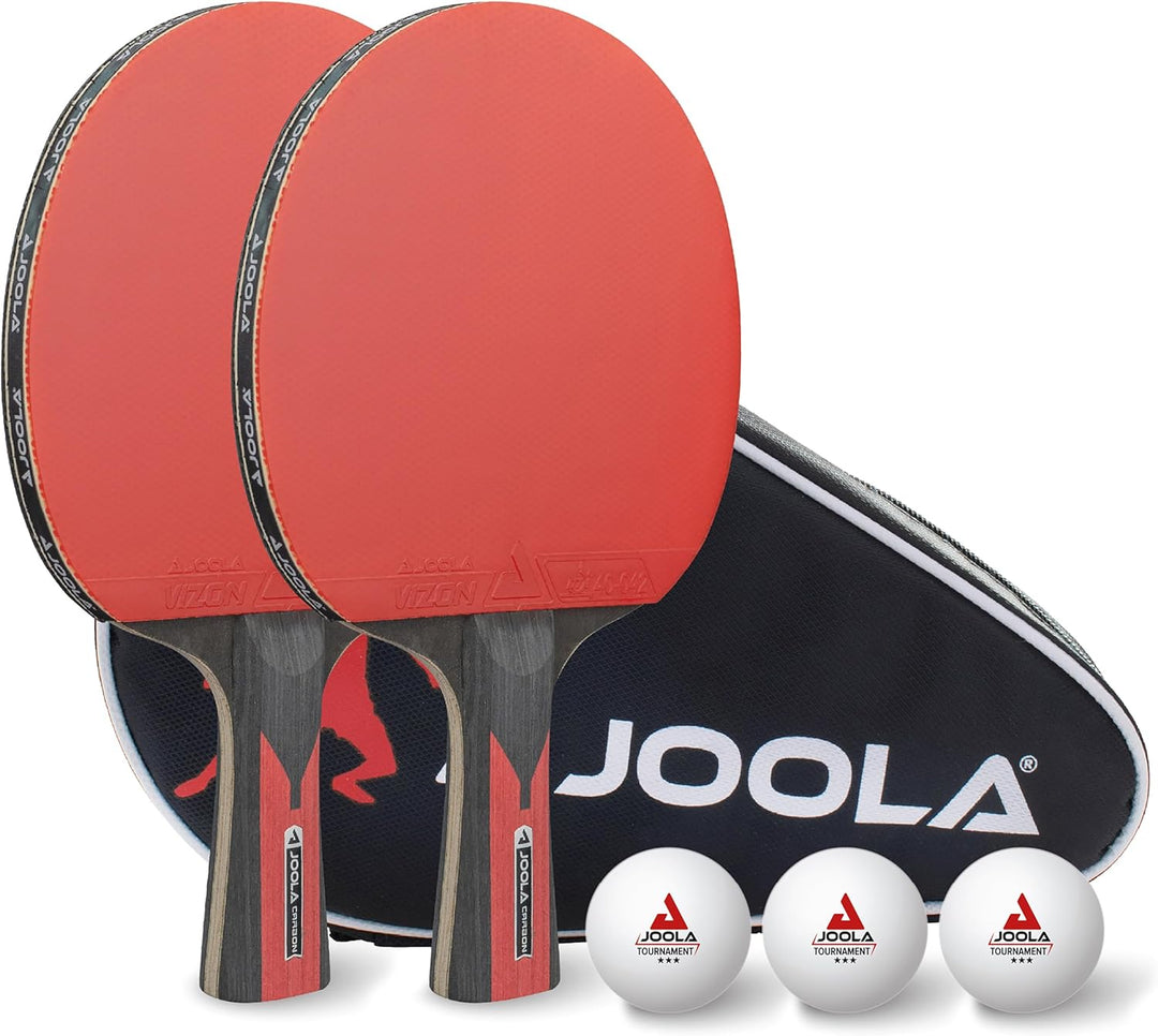 JOOLA Tischtennis Set Duo Carbon 2 Tischtennisschläger + 3 Tischtennisbälle + Tischtennishülle, rot/