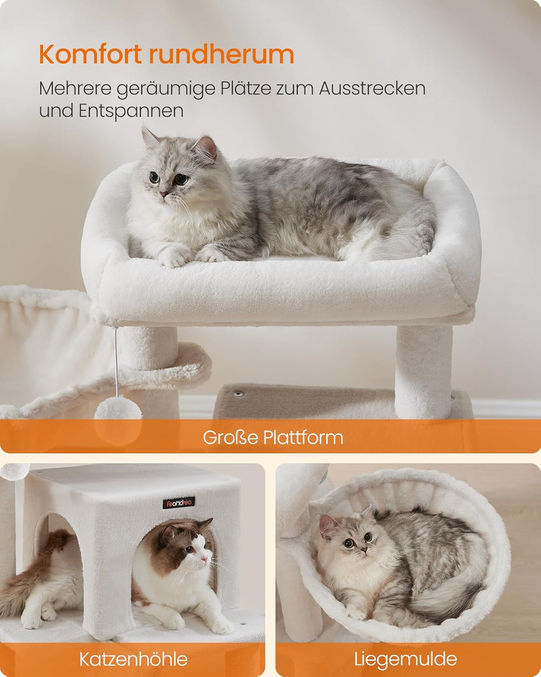 Feandrea Kratzbaum, 96 cm hoch, Katzenbaum mit grosser Plattform, Katzenkratzbaum mit Katzenhöhle, H