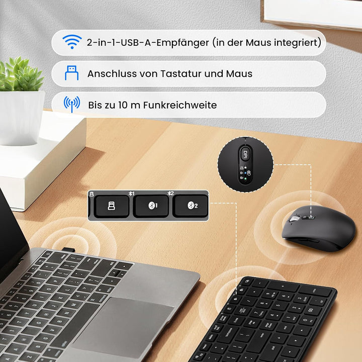 Kabellose Bluetooth-Tastatur-Maus-Kombination (USB+BT×2),ultradünne,leise,kompakte PC-Computertastat