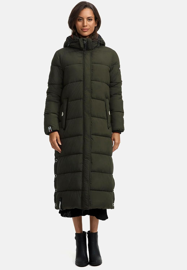 Navahoo Damen Wintermantel Warmer Steppmantel lang mit Abnehmbarer Kapuze Isalie XS-XXL XL Dark Oliv