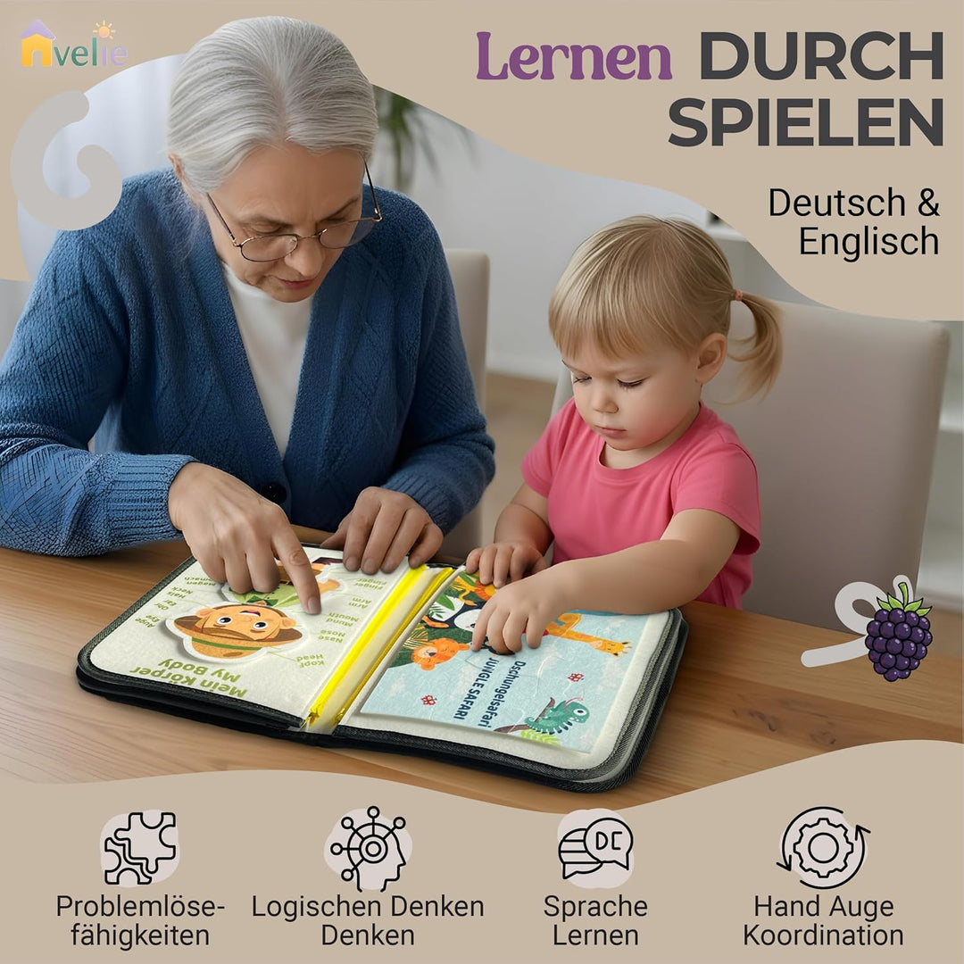 Avelie Montessori Busy Board mit Schultergurt – Filz Motorikspielzeug ab 3 Jahren – Deutsche & Engli