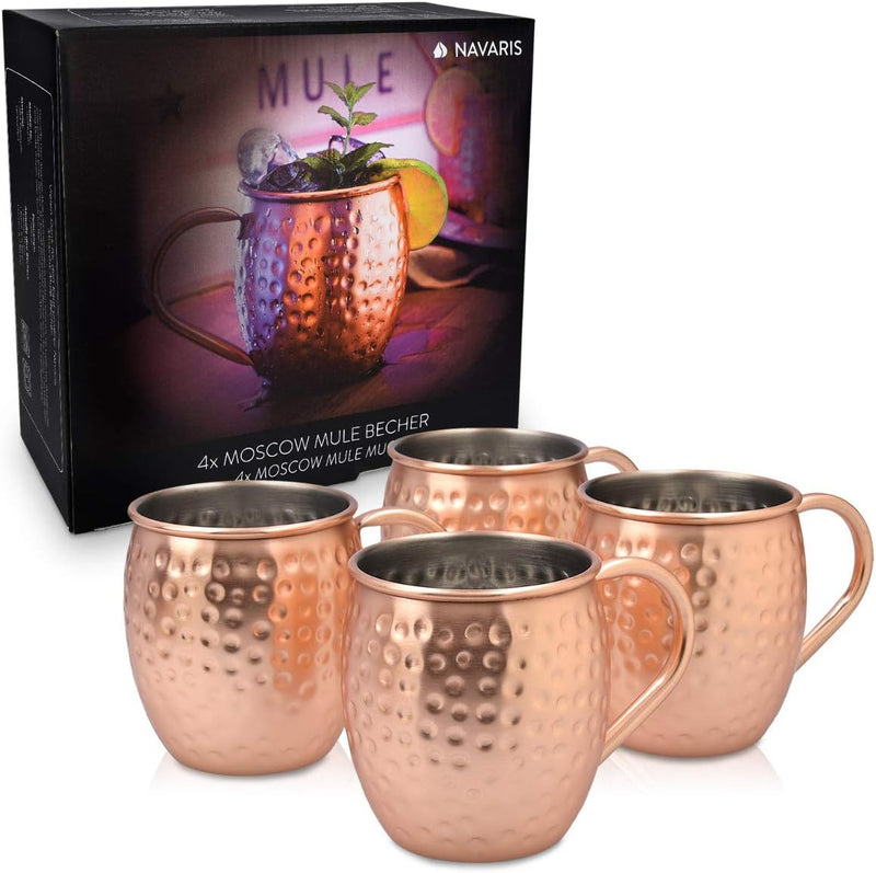 Navaris Moscow Mule Becher 4er Set - 4x Kupferbecher für Moskau Mule Gin Bier - Cocktail Mug gehämme