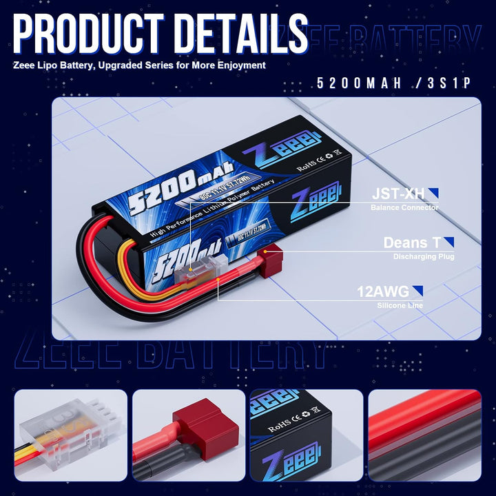 Zeee 3S LiPo Akku 11,1V 80C 5200mAh Hardcase Batterie mit T Stecker für RC Auto, RC Flugzeug, RC Hub