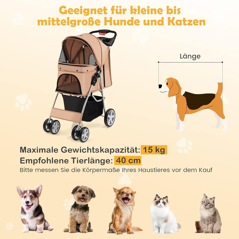 COSTWAY Hundewagen Haustiere Buggy bis 15kg, Hundebuggy mit Netzfenstern & Getränkehalter & Anhänger