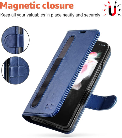 OCASE Hülle Samsung Galaxy Z Fold 3 5G Handyhülle mit S Pen Halter [Premium PU Leder] [Kartenfach] C