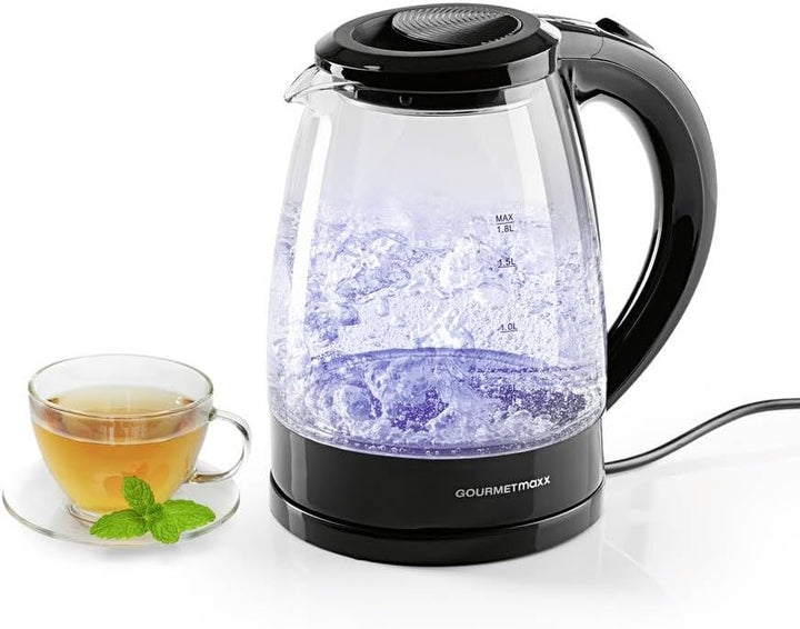 GOURMETmaxx Glas-Wasserkocher 1,8 L mit Blue Vision LED, Schwarz, 1800 W, Kalkfilter, kabellos, auto