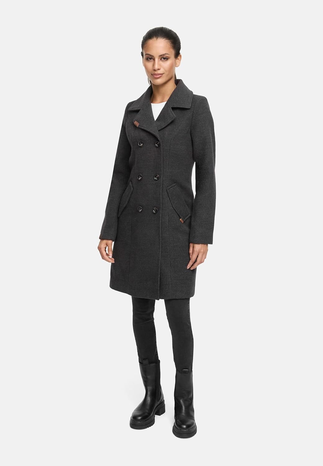 MARIKOO Damen Wintermantel Warmer Wollmantel lang Nanakoo XS-XXL S Anthrazit, S Anthrazit