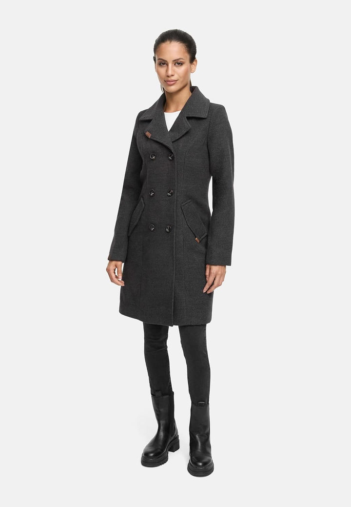 MARIKOO Damen Wintermantel Warmer Wollmantel lang Nanakoo XS-XXL S Anthrazit, S Anthrazit