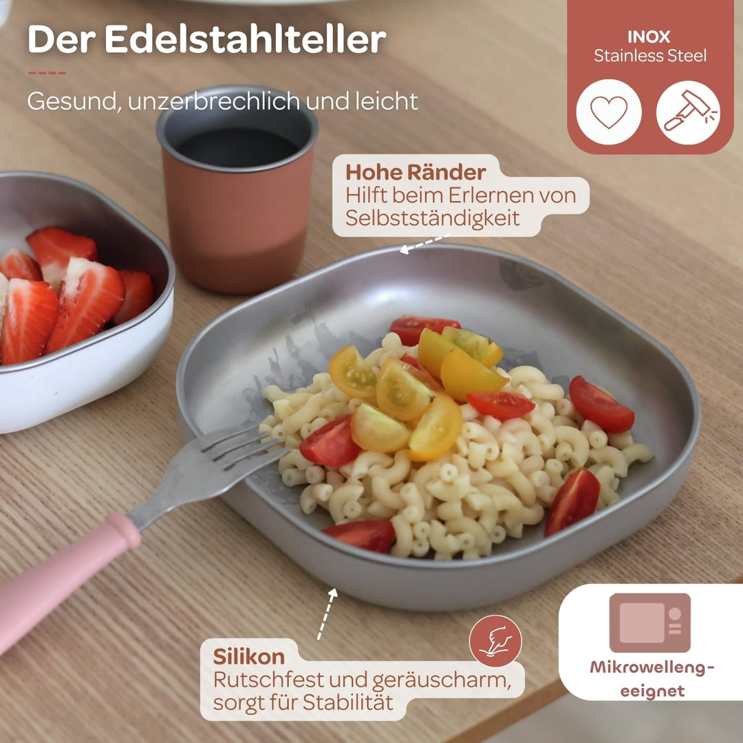 BÉABA Baby-Essensset Geschenkset ab 4 Monaten – Edelstahl-Teller mikrowellengeeignet, Ergonomisches