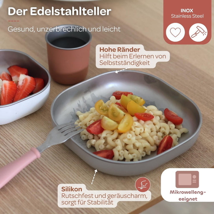 BÉABA Baby-Essensset Geschenkset ab 4 Monaten – Edelstahl-Teller mikrowellengeeignet, Ergonomisches